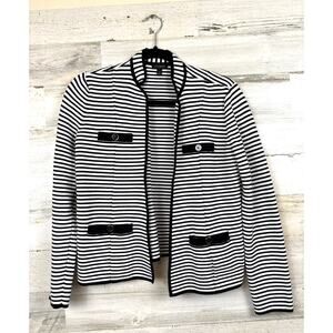Talbots Womens S Black White Stripe Gold Button Pocket Stretch Knit Cardigan